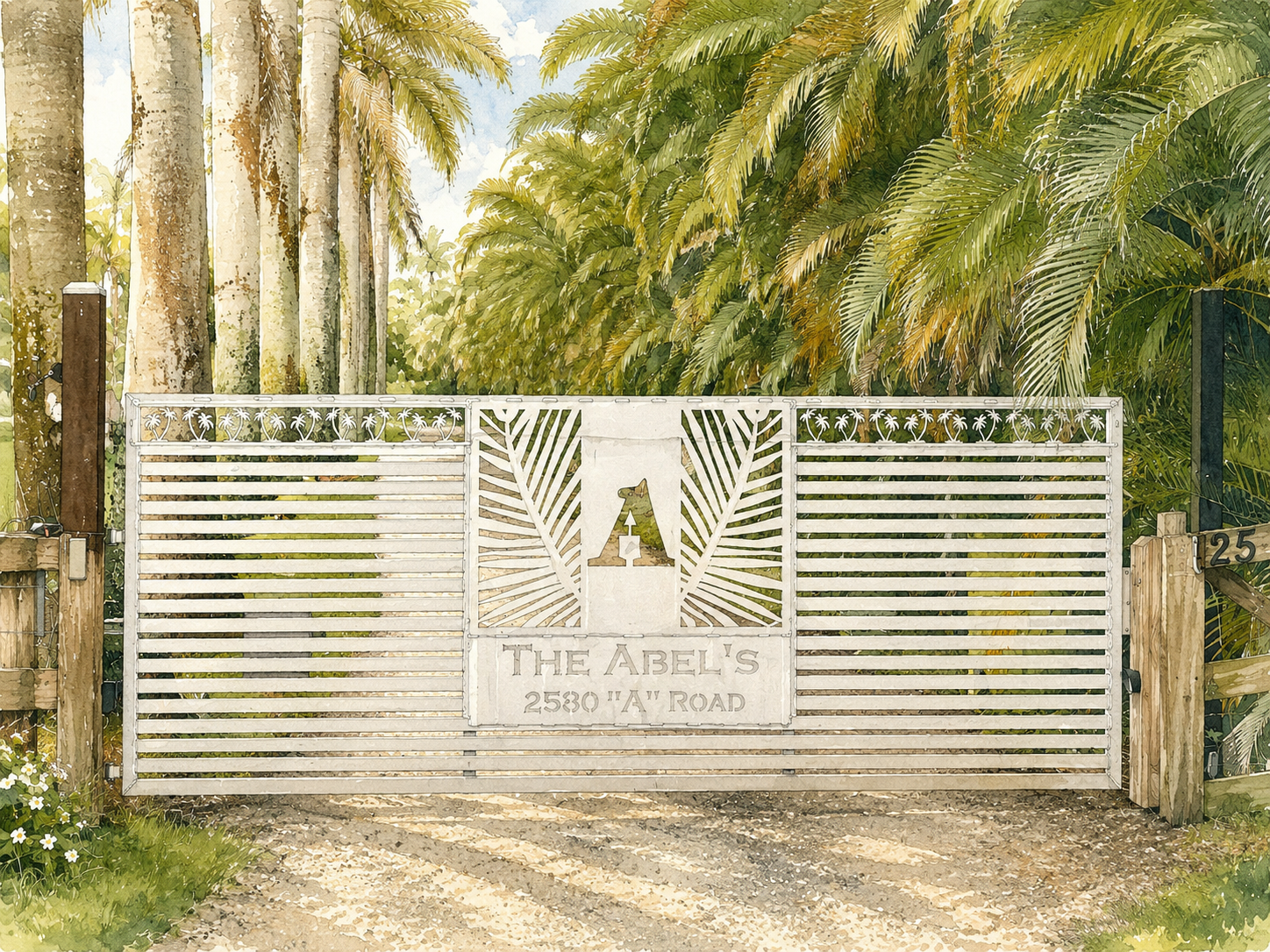 Abel Tree Farm gate with palms and tropical foliage.