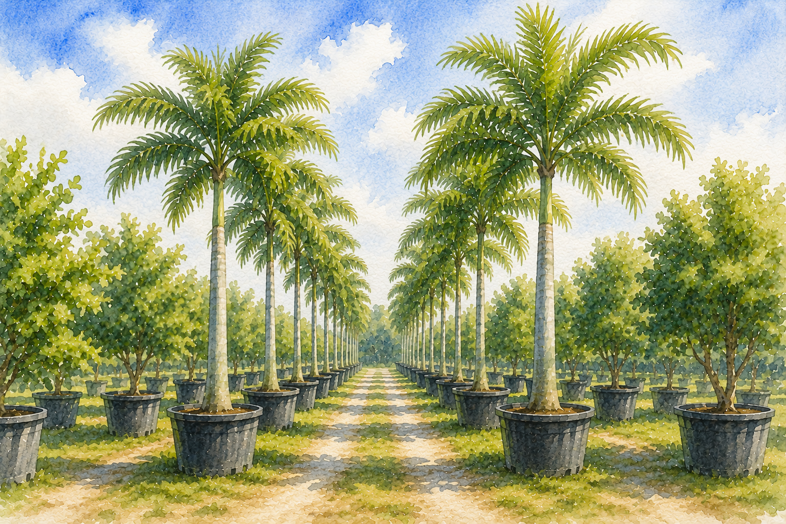 Palm avenue and nursery rows at a South Florida tree farm.
