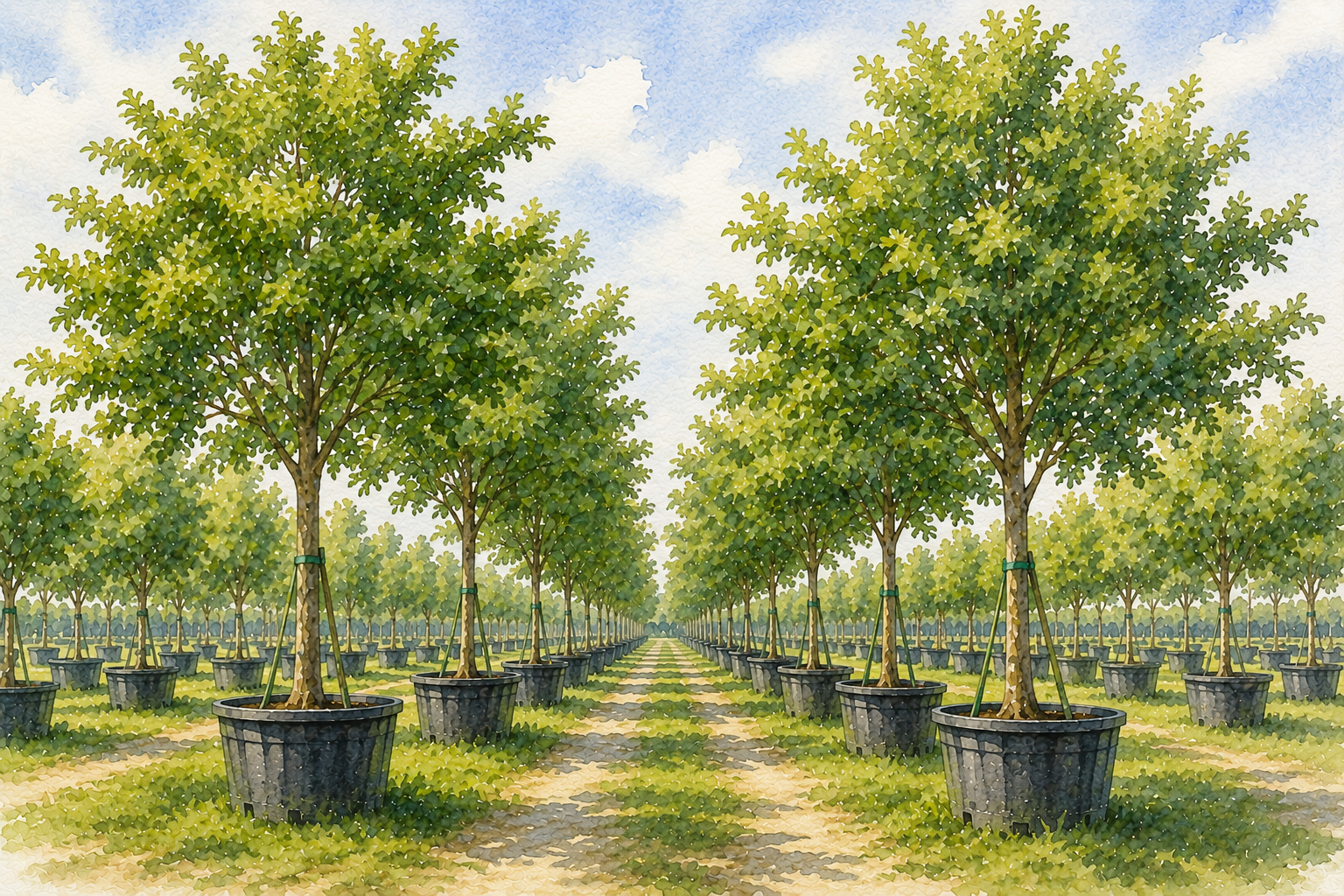 Shade tree rows and specimen material at a South Florida nursery.